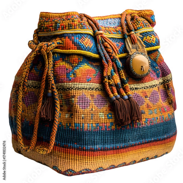 Fototapeta Vibrant and intricately woven mochila bag with colorful geometric patterns and a tasseled strap showcasing traditional craftsmanship isolated on transparent background