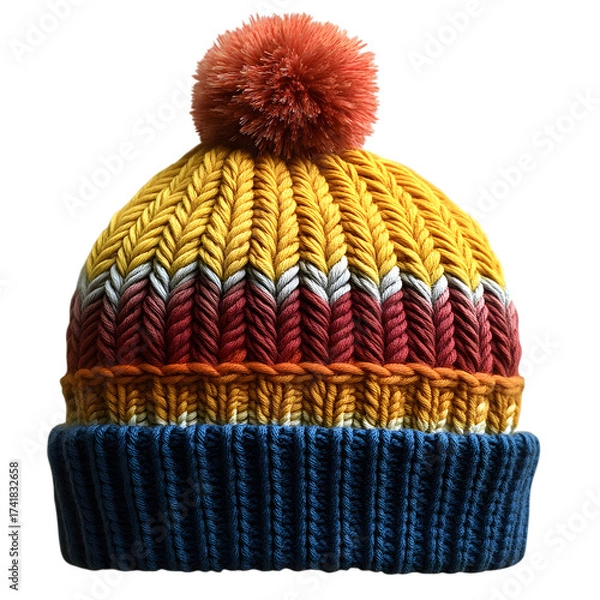 Fototapeta Cozy knitted winter hat with colorful stripes and a fluffy pompom on top isolated on transparent background