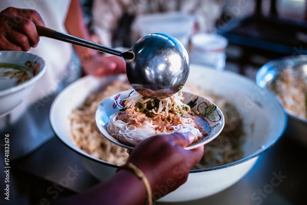 Fototapeta The hands of the hungry are asking for food from the donor