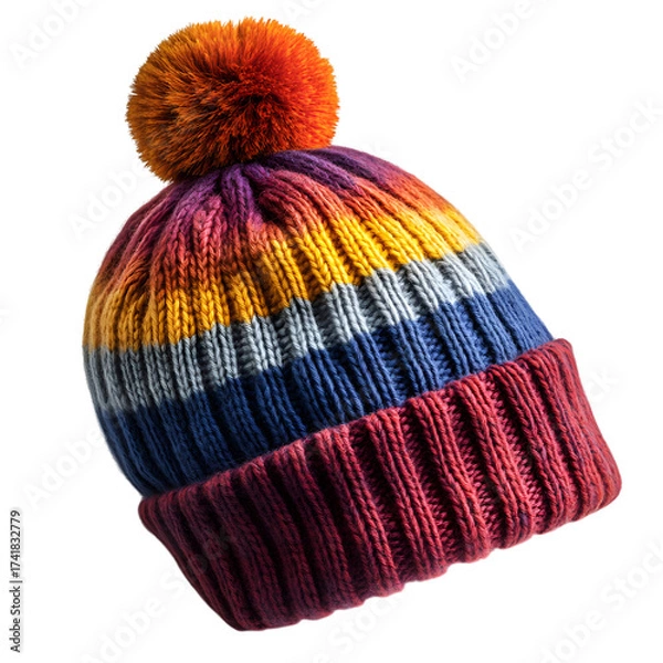 Fototapeta A vibrant hand knitted winter beanie hat with a fluffy pom pom on top featuring bold stripes of red orange yellow blue and purple isolated on transparent background