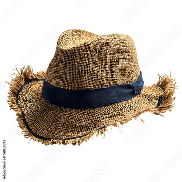 Fototapeta A rustic woven straw fedora hat with a dark blue ribbon band and frayed edges presented as an isolated object on a transparent background isolated on transparent background