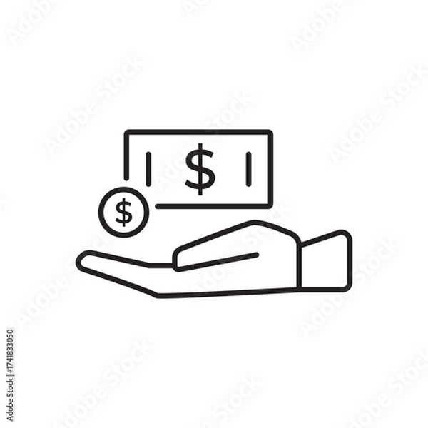 Fototapeta Money in hand vector icon with dollar bill and coin symbol. Simple outline style, perfect for finance, banking, payment, business, savings, salary, investment, economy, and financial transaction.