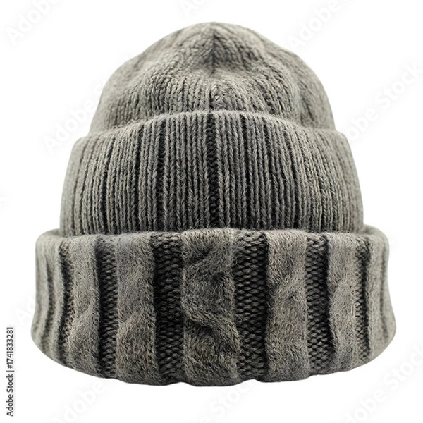 Fototapeta A close up detailed view of a knitted camouflage beanie hat with a ribbed texture and folded brim isolated on transparent background