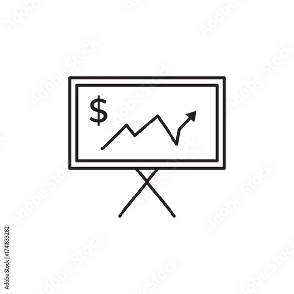 Fototapeta Business presentation board vector icon with dollar sign and upward graph arrow. Simple outline style, ideal for finance, profit growth, investment, marketing, analytics, strategy, and corporate use.