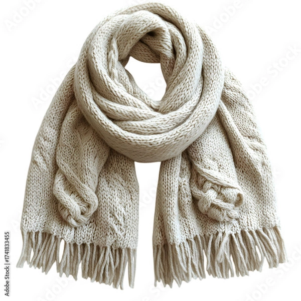 Fototapeta Cozy and warm chunky knit winter scarf with fringe detail in a neutral cream color isolated on transparent background