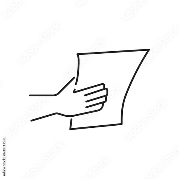 Fototapeta Hand holding paper vector icon representing document, agreement, contract, or file. Minimal line art outline design, perfect for office, business, paperwork, administration, and communication themes.