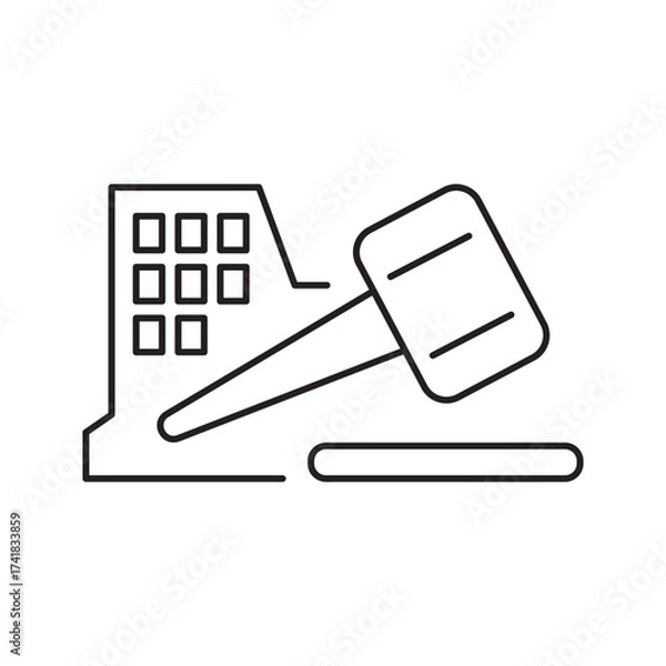 Fototapeta Law and justice vector icon with courthouse building and gavel. Minimal line style symbol for legal system, court, attorney, lawyer, legislation, regulation, authority, trial, and judgment concept.