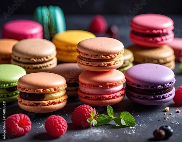 Fototapeta Colorful Macarons Stacked with Fresh Berries and Mint Leaves on Dark Textured Surface