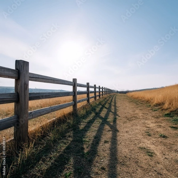 Fototapeta A tranquil pathway meanders through a golden meadow, bordered by a rustic wooden fence. The scene captures the beauty of nature under a clear sky, evoking feelings of peace and openness.