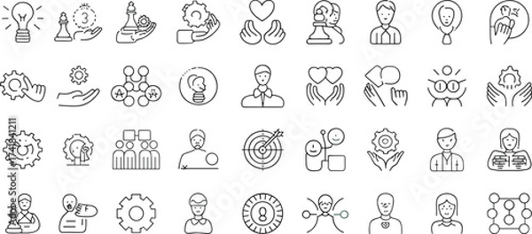 Fototapeta Business and innovation line icons collection with light bulb, teamwork, leadership, gear, target, success, heart, creativity, communication, strategy