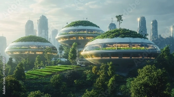 Fototapeta Futuristic eco-friendly city with organic-shaped buildings covered in greenery, set against a backdrop of modern skyscrapers.