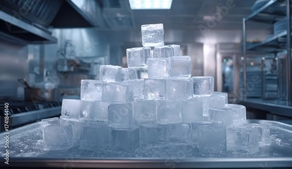 Fototapeta A towering pyramid of clear ice cubes arranged on a metal tray in a modern kitchen setting.