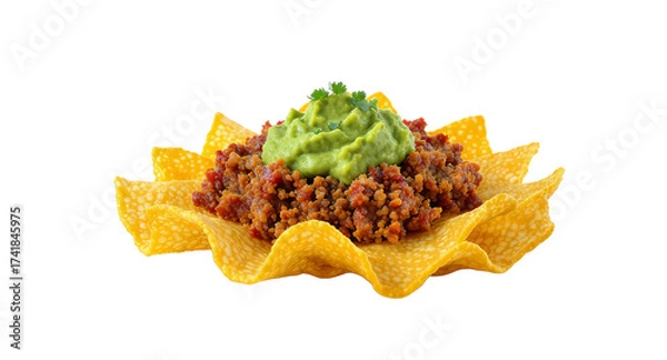 Obraz Gourmet Appetizer with Avocado, Ground Meat and Crunchy Chips