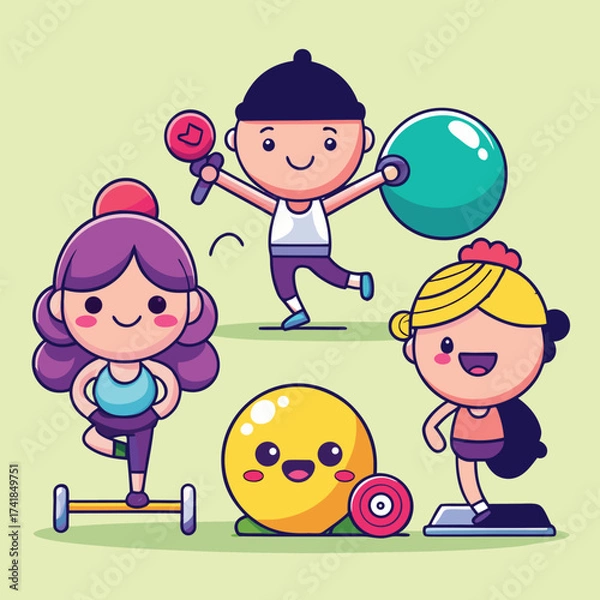 Fototapeta Five cute cartoon characters exercising with fitness equipment vector