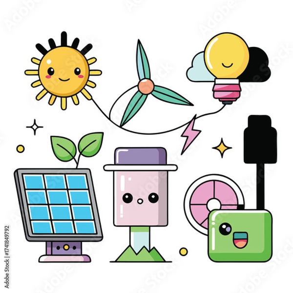 Fototapeta Kawaii style vector set of 5 cute eco energy objects with faces solar panel wind turbine