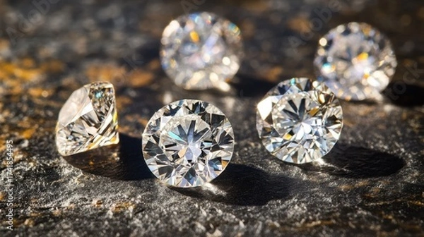 Fototapeta Sparkling Brilliant Cut Diamonds on Dark Background with Reflection