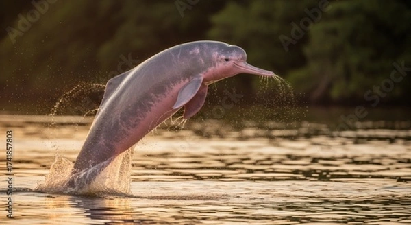 Fototapeta Amazon river dolphin jumping out of the water in the amazon river at sunset, south america