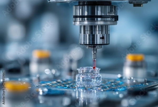 Obraz Close-up of a precision instrument performing a detailed operation on a laboratory sample container.