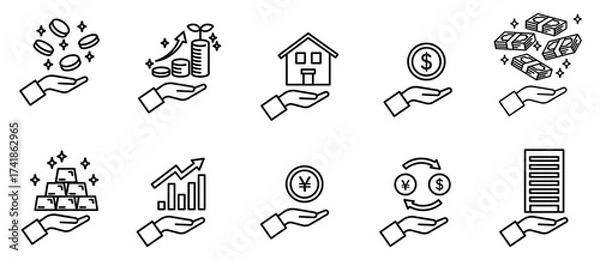 Fototapeta お金・投資・資産・金融アイコンセットモノクロ