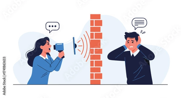 Fototapeta A person yelling into a megaphone towards a wall where another person is covering their ears.