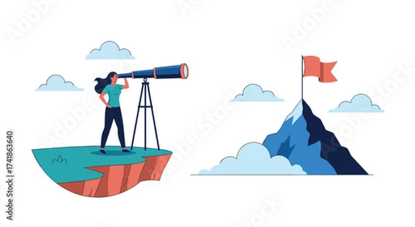 Fototapeta A woman uses a telescope to look towards a distant mountain peak with a flag.