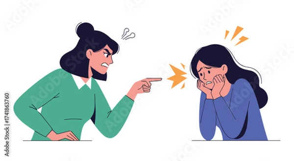 Fototapeta Parent scolding a child with anger and frustration. The child looks upset and scared.