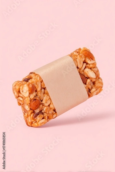 Fototapeta A healthy granola bar with nuts and oats, wrapped in paper, set against a soft background.