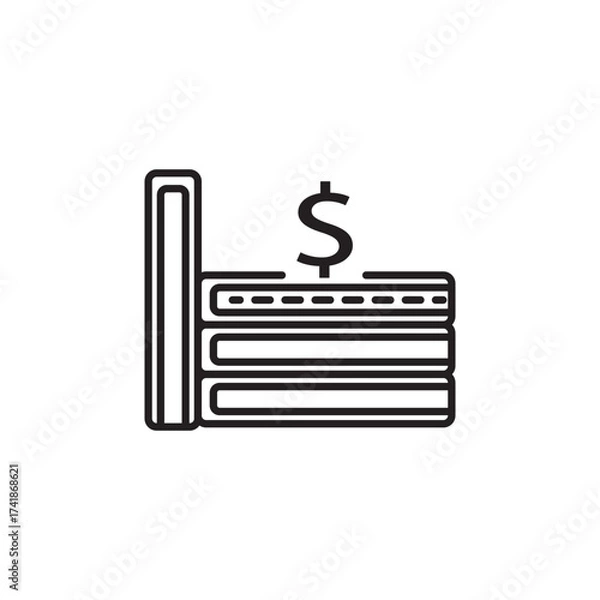 Fototapeta Outline icon of stacked books with dollar sign symbolizing money, finance, savings, and investment. Ideal for banking, fintech, and economic projects, business apps, and digital marketing visuals.