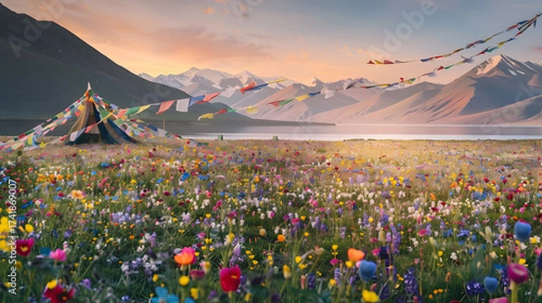Obraz MountainMeadowWithFlowerFieldAndTent