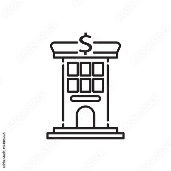 Fototapeta Minimal line icon of a bank building with dollar symbol, representing finance, savings, money management, and investment institution concept. Perfect for fintech, business, and economy design use.