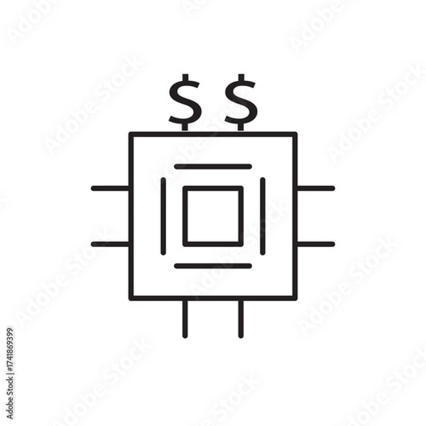Fototapeta Minimal line icon of a computer chip with dollar signs, symbolizing fintech, digital currency, blockchain, and technology investment. Ideal for finance apps, tech startups, and digital economy design.