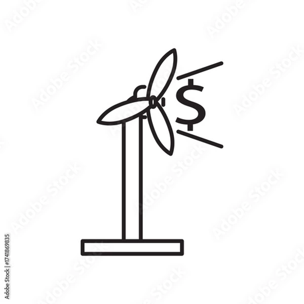 Fototapeta Minimal line icon of a wind turbine with a dollar symbol, representing renewable energy profit, green investment, and sustainable business growth. Ideal for eco finance, power, and economy design.