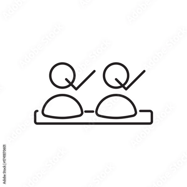 Fototapeta Minimal line icon showing teamwork and collaboration with check marks. Perfect for business, project management, partnership, and HR designs. Modern outline style for branding.