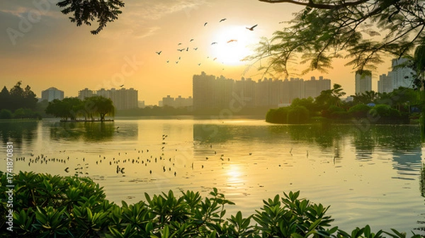 Obraz LakeSunsetCityscapeBirds