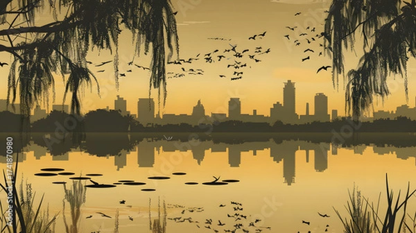 Obraz CityReflectionLakeSunset