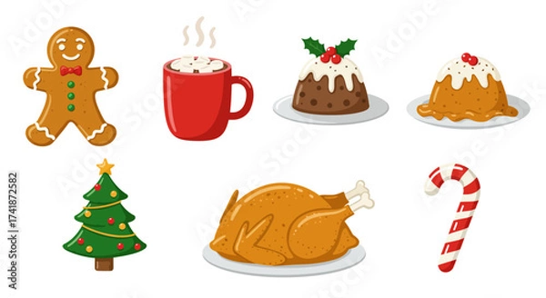 Fototapeta Vector Christmas food icons, including gingerbread cookies, hot cocoa with marshmallows, Christmas pudding, roasted turkey, candy cane, bright colorful flat design.