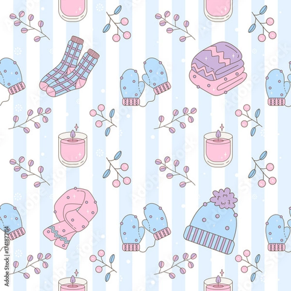Obraz Pastel cozy winter seamless pattern with socks, mittens, scarf, candle and berries, perfect for seasonal wrapping paper and fabric