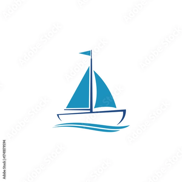 Fototapeta Simple blue sailboat illustration with a single sail and flag on wavy water, isolated on white.