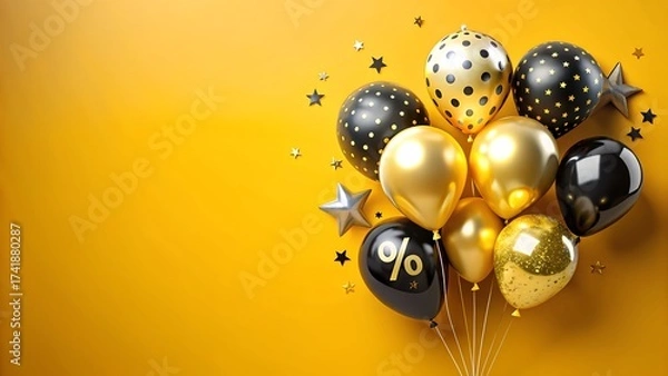 Fototapeta A bunch of golden and black balloons with stars on a yellow background