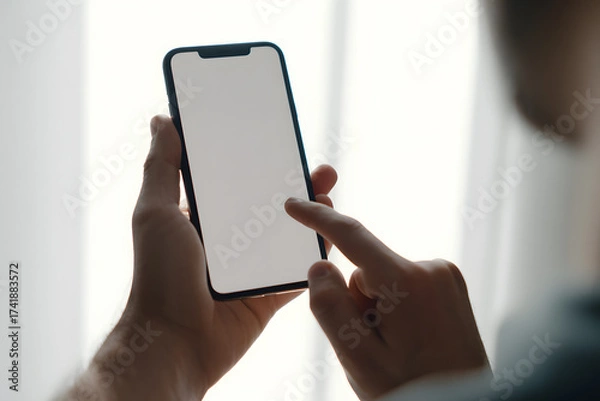 Fototapeta Close up of hand holding and touching blank screen of modern smartphone. Technology concept