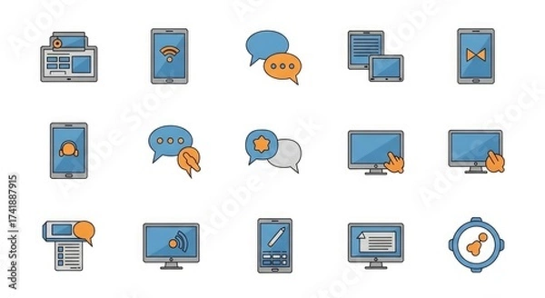 Fototapeta Communication technology devices icons set computer tablet smartphone smartwatch chat wifi web design