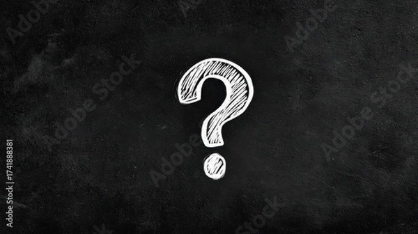 Fototapeta A white question mark is drawn on a dark textured , creating a sense of uncertainty and inquiry.