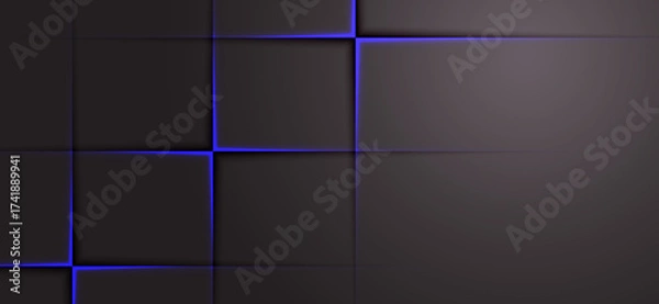 Fototapeta A textured geometric background showcases gray and black squares subtly highlighted by thin, vibrant blue lines, creating depth and a modern, sophisticated dimensional effect