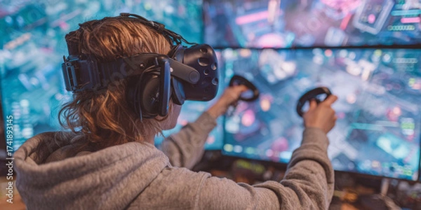Obraz Young adult using VR headset and controllers in immersive gaming setup