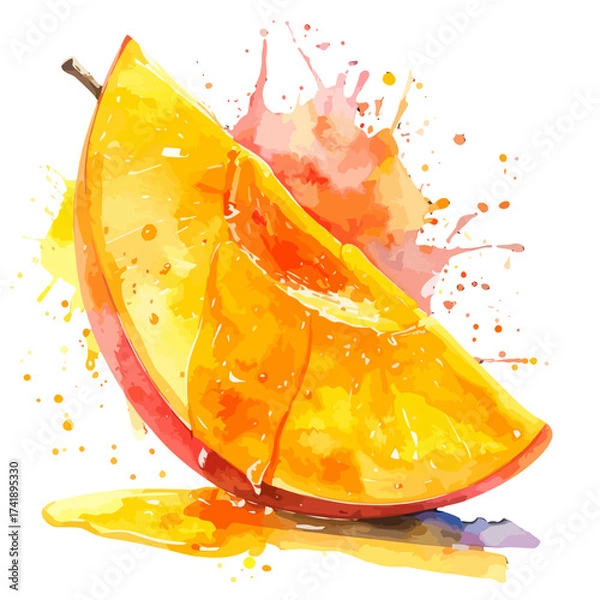Fototapeta Watercolor Mango Slice with Juice Drips and Splashes.