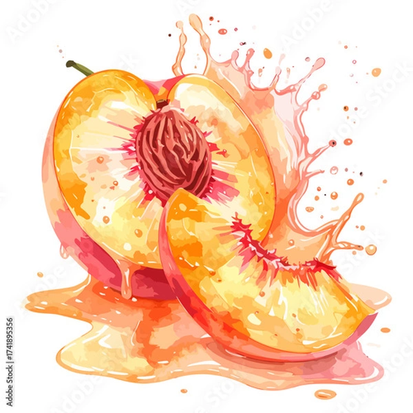 Fototapeta Juicy ripe peach fruit cut in half with a splash of juice watercolor illustration.