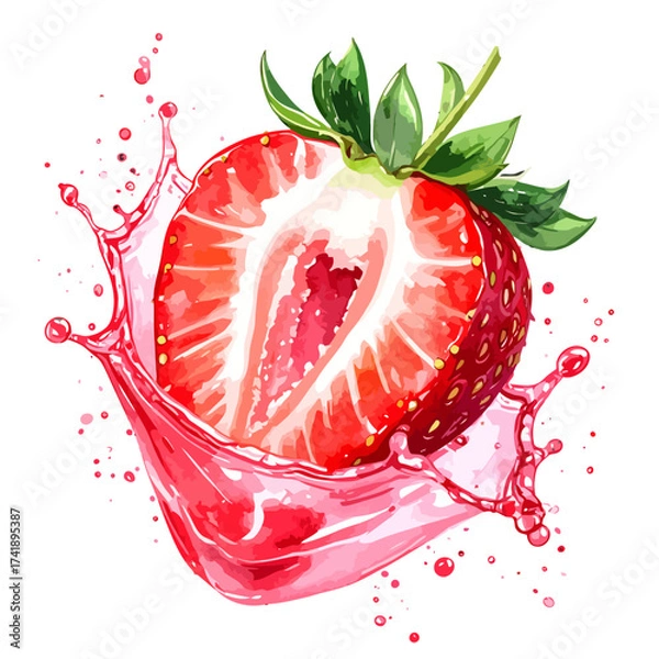 Fototapeta Watercolor Strawberry Slice with Juice Splash - A Vibrant and Refreshing Illustration.