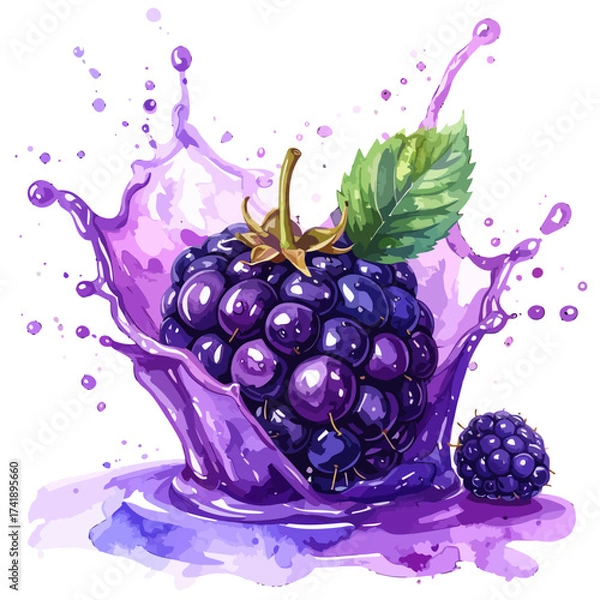 Fototapeta Fresh ripe blackberry with a green leaf in a dynamic purple juice splash.