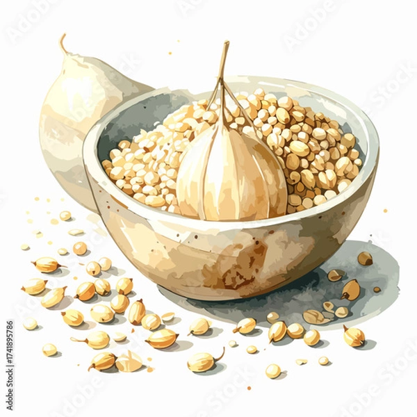 Fototapeta Gourd bowl filled with grains and a single bulb.