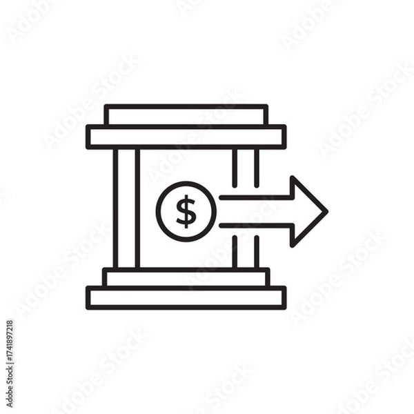 Fototapeta Minimal line icon of a bank with dollar sign and arrow, symbolizing money transfer, finance, and digital payment. Ideal for banking, investment, transaction, and financial technology design projects.